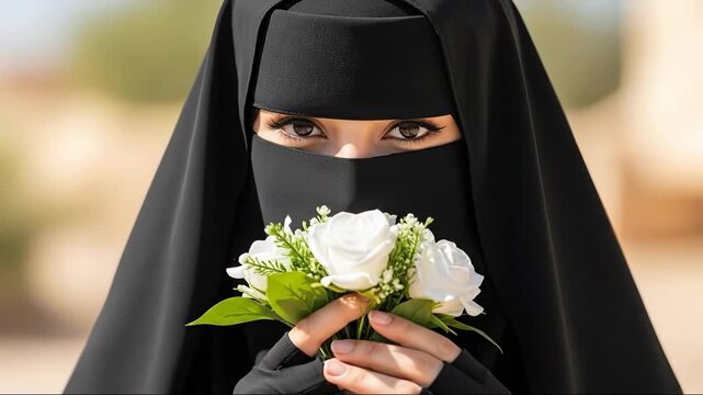 Woman in niqab holding and smelling roses outdoors, capturing serenity and tradition