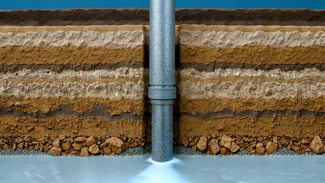 Soil layer cross section with vertical metal pipe showing underground strata geology drainage construction and earth materials