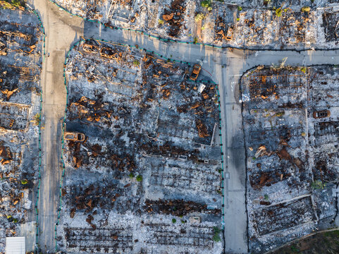 Aerial view of charred remains and skeletal structures mark the aftermath of devastation at Pacific Palisades Bowl, Pacific Palisades, California, United States.