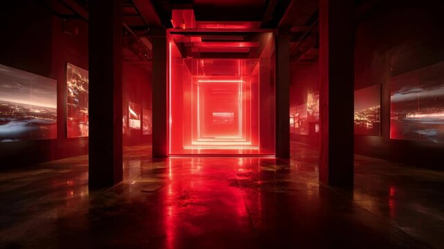 Light at the end of an old stone temple corridor creates a shadow between interior columns and the entrance door of a room
