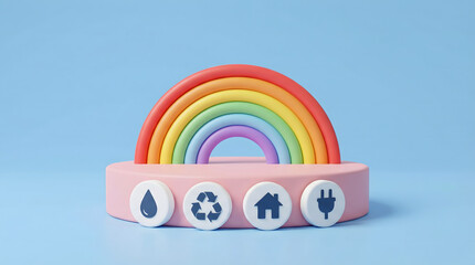 Fototapeta premium A cheerful 3D rendered rainbow arches over a pink base displaying icons for water recycling home and power on a clean light blue background