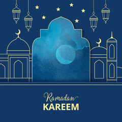 Ramadan Kareem holiday banner. Dark blue background with watercolor Islamic arched window. Arabic architecture, mosque, lanterns and stars in modern linear style