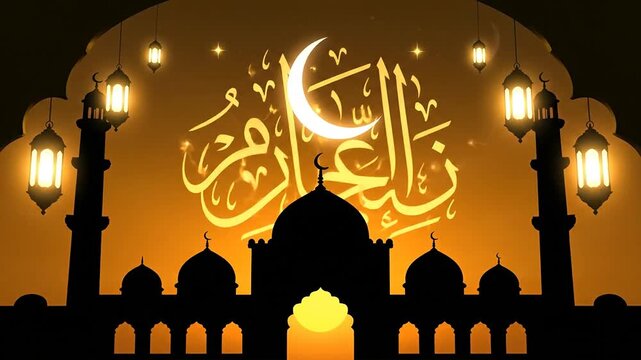 Silhouette mosque against sunset sky with crescent moon and lanterns