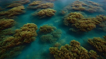 Fototapeta premium Aerial perspective showing organically shaped clusters of dense seaweed submerged in crystal clear bright turquoise ocean waters highlighting natural