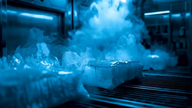 Cold industrial chamber filled with dense vapor and icy surfaces under blue lighting creating intense atmosphere inside mechanical facility