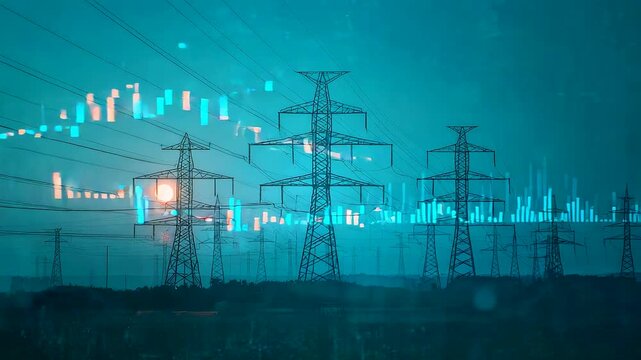 Electric power grid with transmission towers and glowing energy flow across industrial landscape under misty night atmosphere