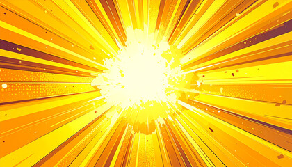 Fototapeta premium Explosive yellow and orange starburst with bright white core and scattered dots abstract