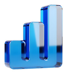 3D Blue Glass Bar Chart Icon, Glossy Statistics Symbol, Modern Growth Element, Crystal Graph Sign, High Quality Render, Business Design, Analytics Graphic