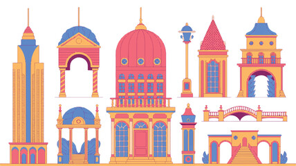 Naklejka premium Luxury city architecture elements, geometric design with bold outlines and colorful silhouettes.