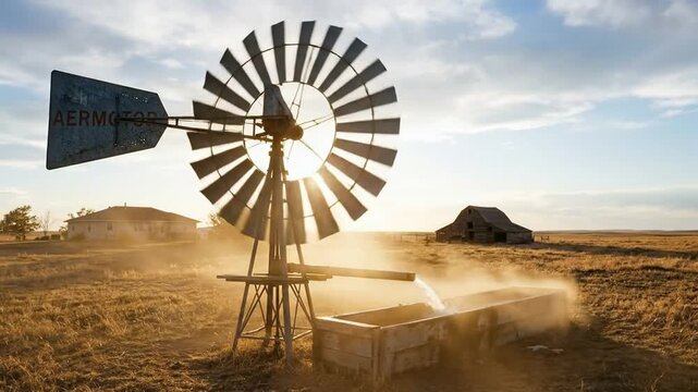Windmill Pumping Water on Rural Farm at Sunset