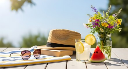 Summer leisure arrangement on a wooden table