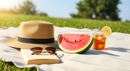 Summer picnic arrangement with watermelon and beverage