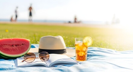 Summer picnic scene with refreshments and leisure items