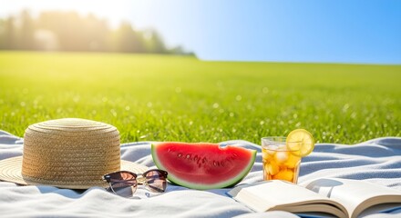 Summer picnic scene with food drink and accessories