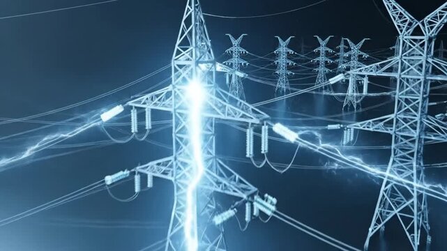 High voltage power lines and electricity pylons transmitting energy across the network.