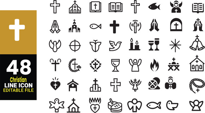 Collection of 48 Christian line icons depicting faith religion and worship symbols