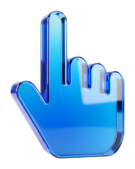 3D Blue Glass Pointing Hand Icon, Glossy Finger Symbol, Modern Direction Element, Crystal Index Sign, High Quality Render, UI Design, Cursor Graphic