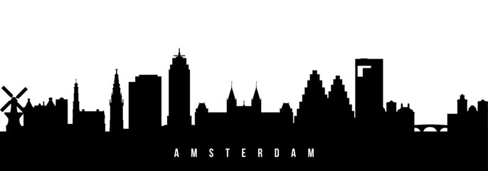 Vector silhouette illustration of Amsterdam city urban skyline. Modern minimalist cityscape graphic, perfect for travel, banners or backgrounds.