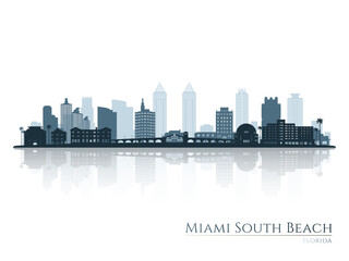 Obraz premium Miami South Beach skyline silhouette with reflection. Landscape Miami South Beach, FL. Vector illustration.