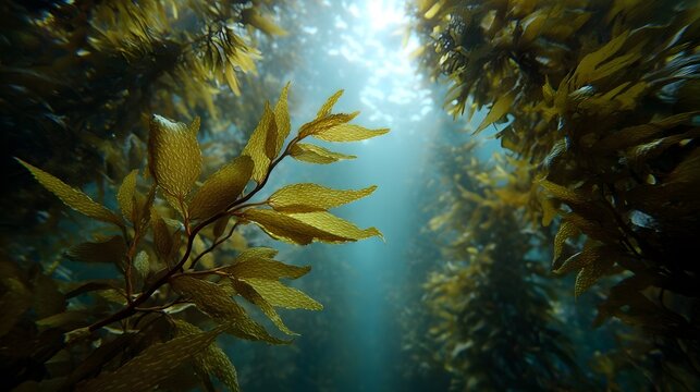 Sunlight streams through an underwater kelp forest illuminating vibrant green and brown seaweed