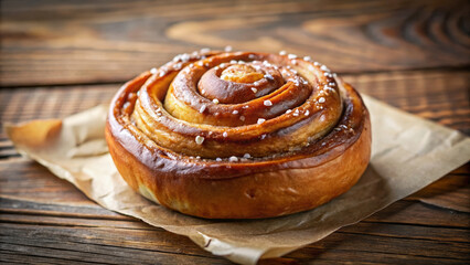 Delicious Swedish cinnamon bun on crumpled parchment paper. Freshly baked, sweet pastry features characteristic swirls and pearl sugar, classic Swedish cinnamon bun.