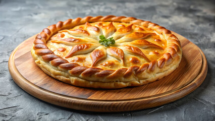 Golden Georgian Kubdari pie baked, placed on wooden board. Savory Georgian Kubdari pie, meat filled, shows traditional pastry, herb garnish. Authentic Georgian Kubdari pie for food blogs, menus.