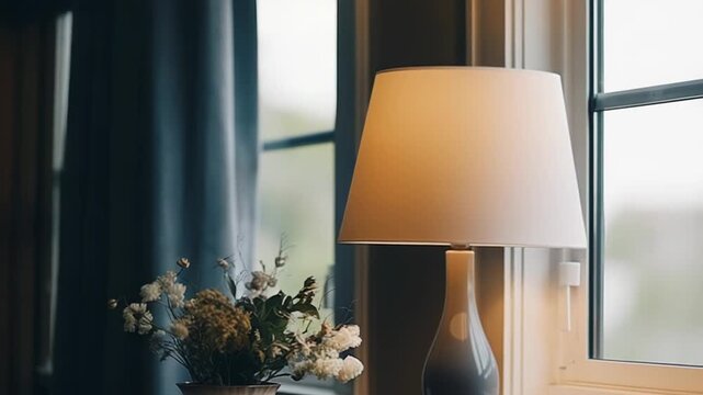 Table lamp creating a cozy and inviting atmosphere in a modern home interior, complementing the natural light filtering through the window and soft curtains