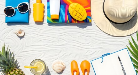 Summer vacation accessories and tropical fruit arranged on textured surface