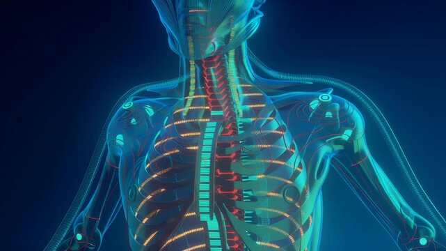 Longevity biohacking technology health concept illustration, abstract human form enhanced by futuristic health technology and biological optimization systems, soft neon glow, clean minimal composition