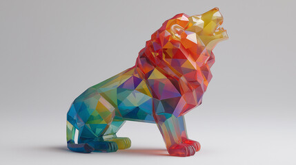 Geometric colorful glass lion statue howling with luminous facets and modern artistic style on a soft gray studio setting