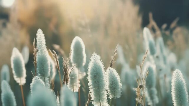 Delicate white botanical elements softly glowing with warm sunlight, creating a peaceful and serene natural background scene with shallow depth of field