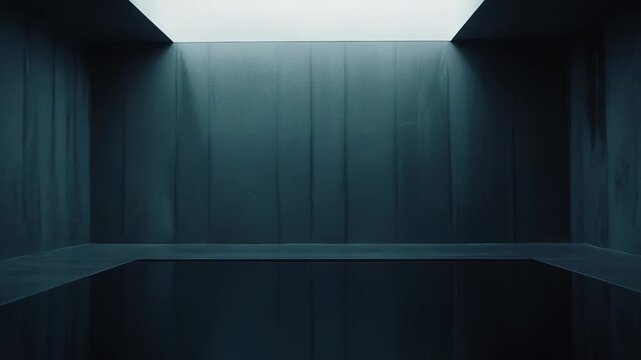 Empty geometric room featuring a reflective floor and glowing rectangular light panels, creating a clean, futuristic, and mysterious architectural environment