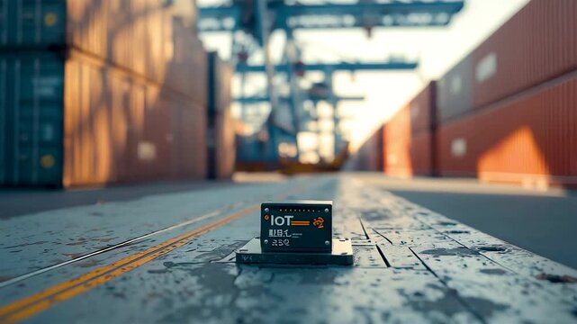 Small electronic device placed on industrial roadway between shipping containers highlighting smart tracking technology in modern logistics environment