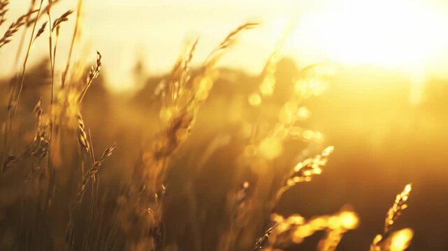 Golden grass stalks swaying in a sunlit field at golden hour, warm backlit glow and soft bokeh creating a peaceful, rural summer landscape perfect for background use