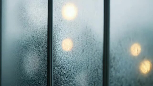 Water droplets accumulating on a steamy frosted glass surface, creating a delicate textured pattern and evoking sensations of warmth, humidity, and privacy inside a modern bathroom