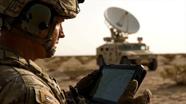 Soldier operating tablet with military vehicle and satellite dish in background