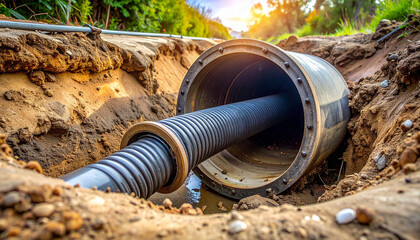 Fototapeta premium Large Industrial Pipe Being Laid In Trench With Sunlight construction infrastructure