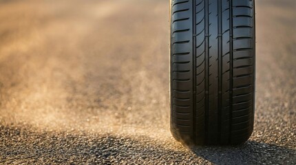 Obraz premium Brand-new summer tire with detailed tread pattern Summer tire performance concept firmly on hot asphalt with heat shimmer, strong sunlight, confident high-performance mood and copy space 