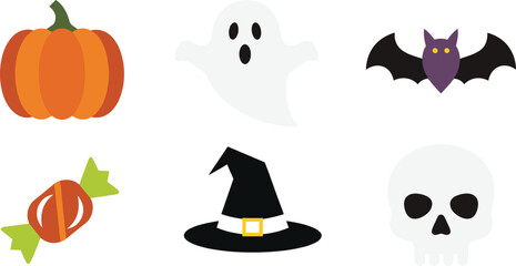 Halloween icons including pumpkin, ghost, bat, candy, witch hat, skull