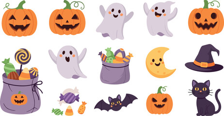 Halloween icons including pumpkins ghosts candy and spooky animals for festive designs