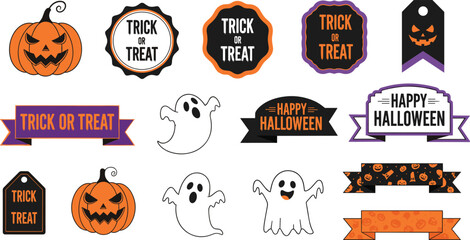 Halloween stickers and labels with pumpkins ghosts