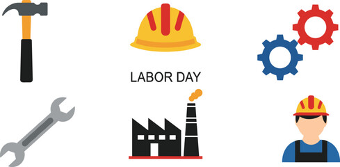 Labor Day celebration with worker icons and tools on white background