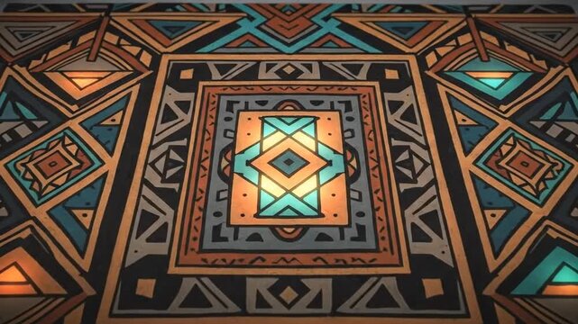 Abstract geometric pattern with tribal motifs, creating a symmetrical and colorful design.