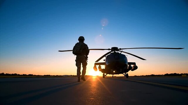 Soldier walks towards helicopter at sunset silhouette dramatic sky