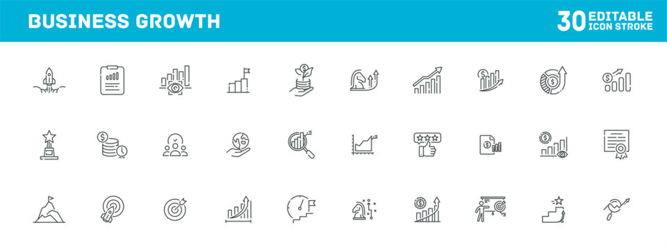 Business growth symbols in corporate strategy and financial success work, icon set for presentation design, icon category