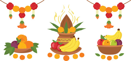 Vibrant Indian festival decorations with fruit offerings and floral garlands