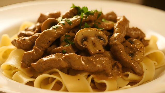 Delicious beef stroganoff with mushrooms and fettuccine pasta in a creamy sauce garnished with parsley on a white plate