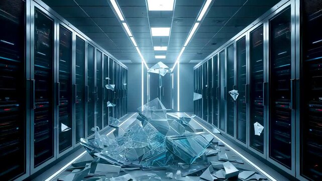 Broken glass scattered across data center corridor with server racks and cold lighting creating dramatic scene of technology failure and disruption