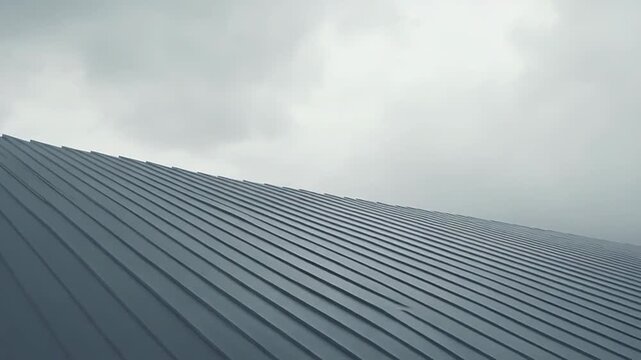 Corrugated metal roof forming strong diagonal lines, disappearing into a gray, overcast sky, highlighting the industrial design and architectural details of the building structure