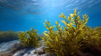 Obraz premium Vibrant underwater kelp forest swaying in clear blue ocean water with sunlight filtering from above